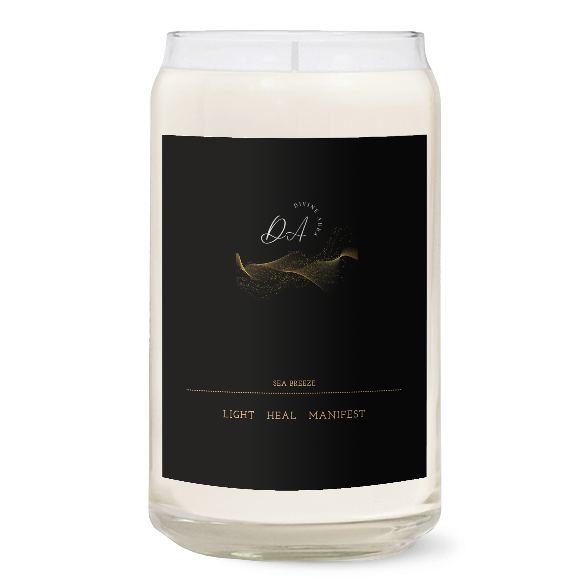 Candle with a black label on a white background