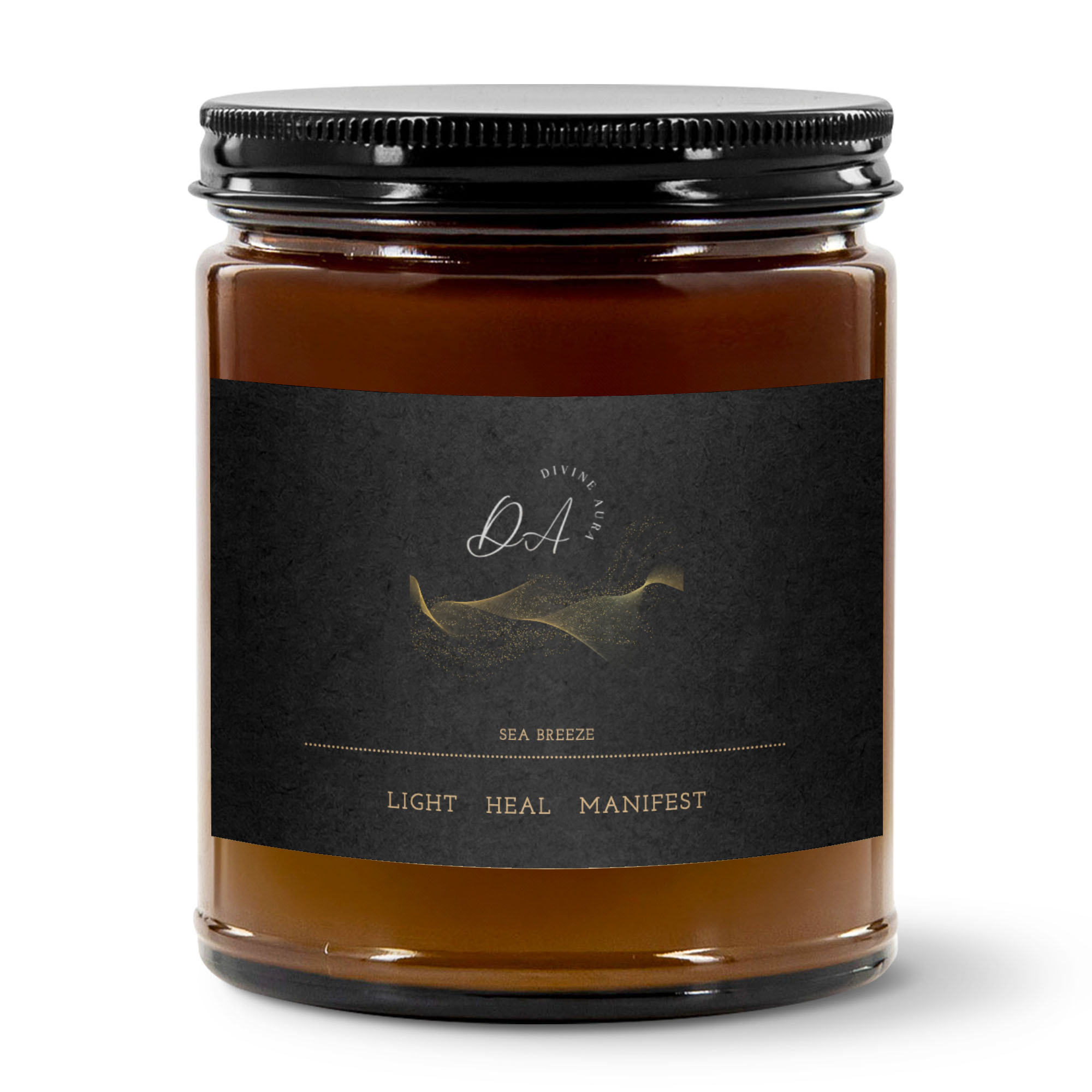 Candle jar with a black label on a white background